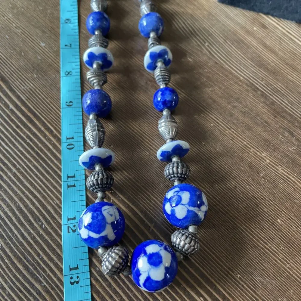 Vintage Hand Painted Chinese Porcelain Bead And Silver Beads Necklace